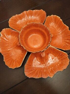 MCM Vintage Orange Leaf-Shaped Ceramic Snack Server with Gold Trim